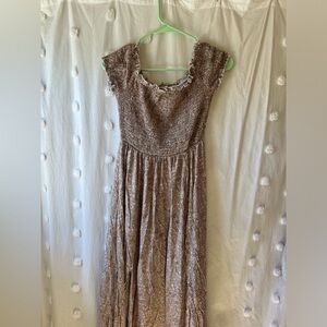 Beige Floral Smocked Off-The-Shoulder Midi Dress